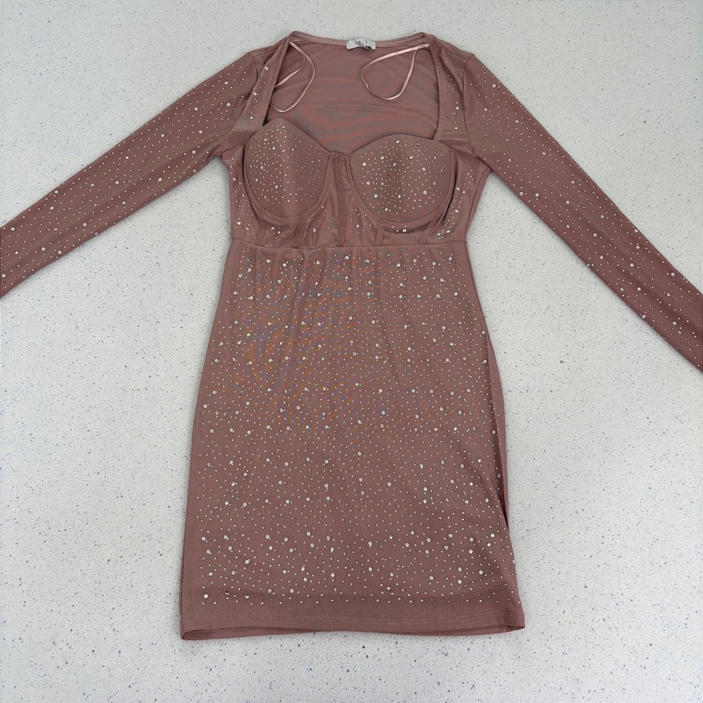 Y2K Rhinestone Sheer Mesh Bustier Bodycon Mini Dress Long Sleeve Valentine's S
